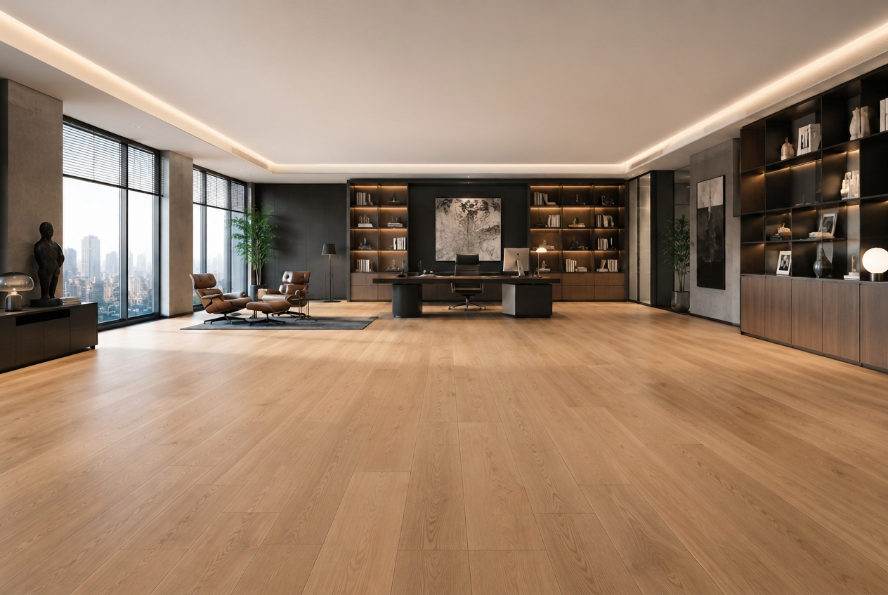 Instalación profesional de pavimento hardwood en un lobby comercial